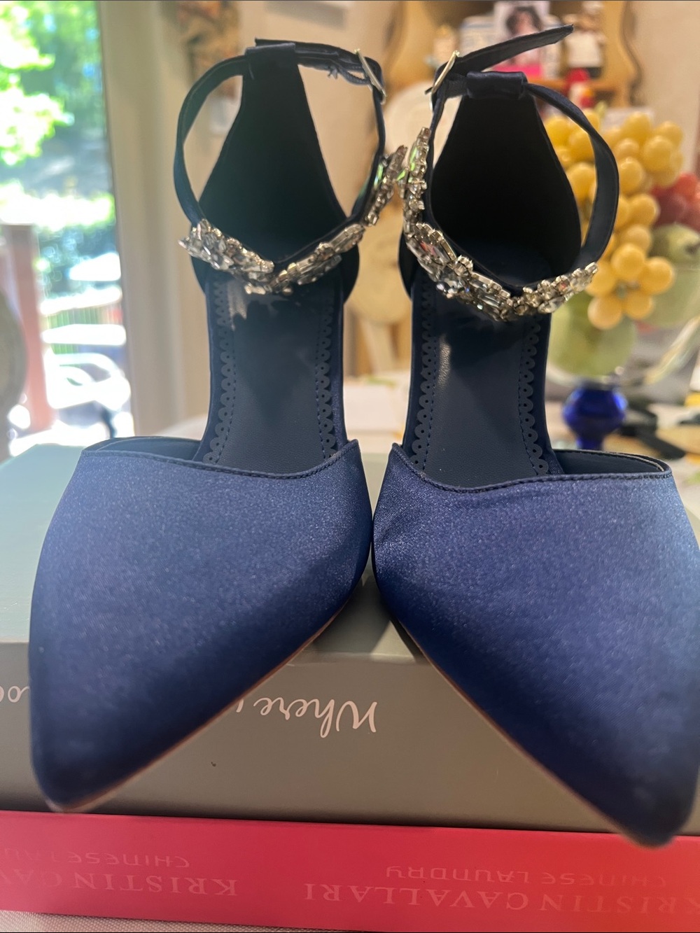 New, Navy Pointed-Toe Ankle-Strap Stiletto Heels with Crystal Accent - Picture 10 of 10